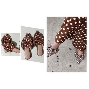 SOMETHING NAVY BROWN WHITE BOW POLKA DOT FLAT SANDAL - PRELOVED - SIZE 7